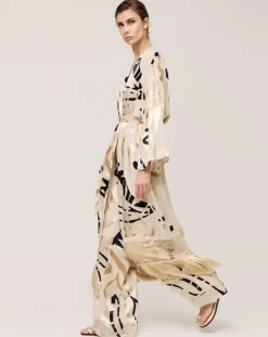 Access Abstract Print Jacket With Fringes Sand