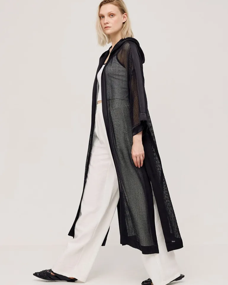Access Hooded Open Front Coat With Fishnet Detail Black