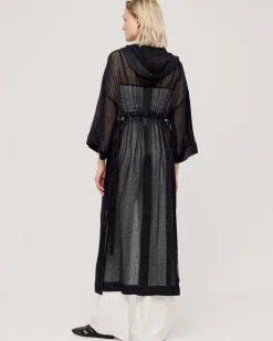 Access Hooded Open Front Coat With Fishnet Detail Black