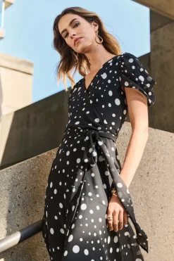 Joseph Ribkoff Chiffon Polka Dot Print Wrap Dress