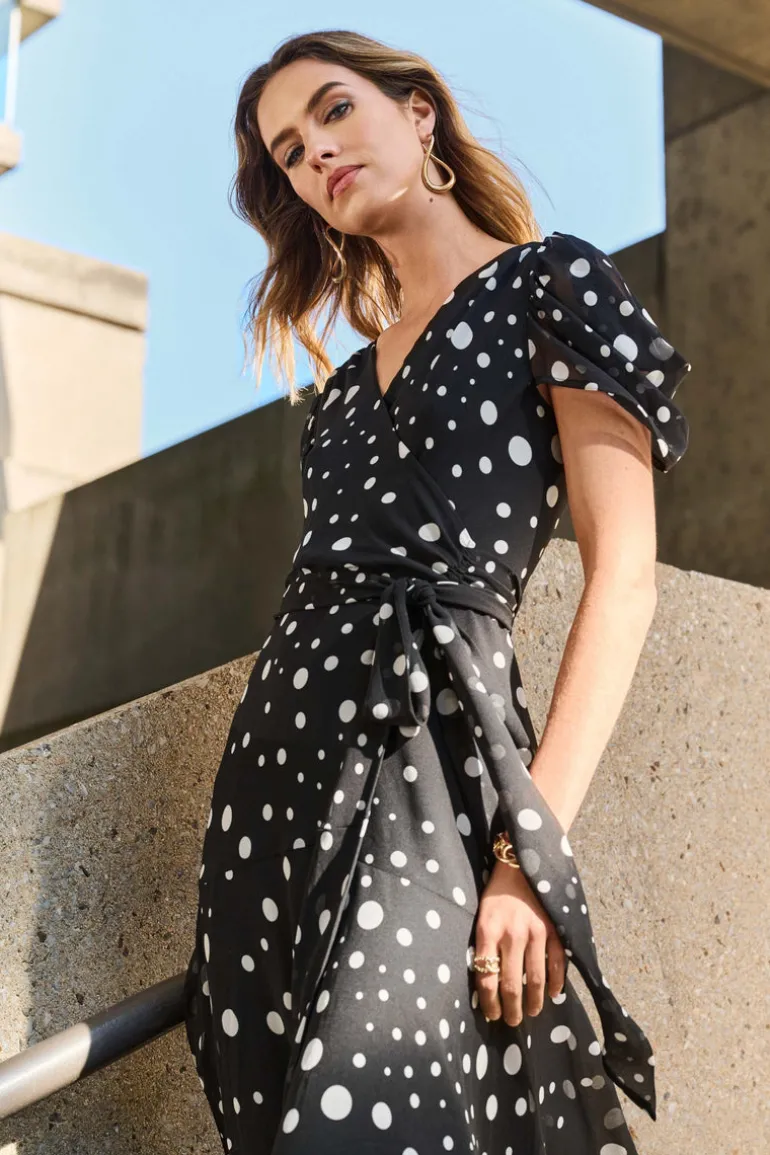 Joseph Ribkoff Chiffon Polka Dot Print Wrap Dress