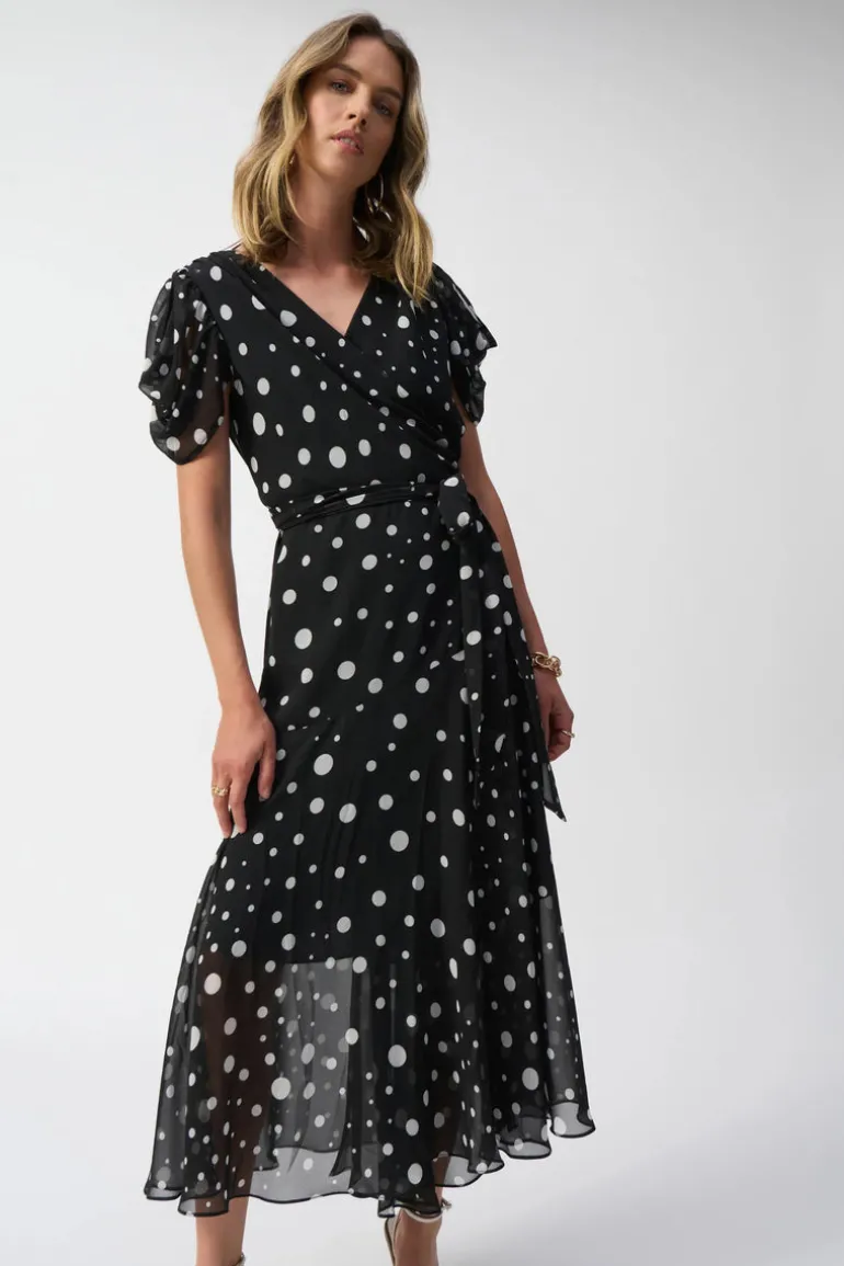 Joseph Ribkoff Chiffon Polka Dot Print Wrap Dress