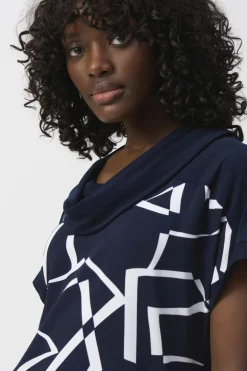Joseph Ribkoff Cowl Neck Geo Pattern Top Navy/Vanilla