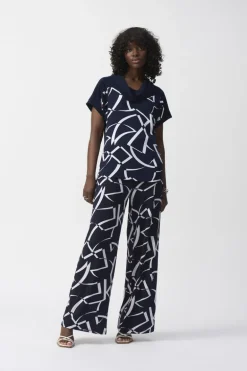 Joseph Ribkoff Cowl Neck Geo Pattern Top Navy/Vanilla