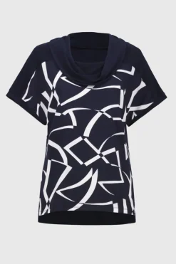 Joseph Ribkoff Cowl Neck Geo Pattern Top Navy/Vanilla