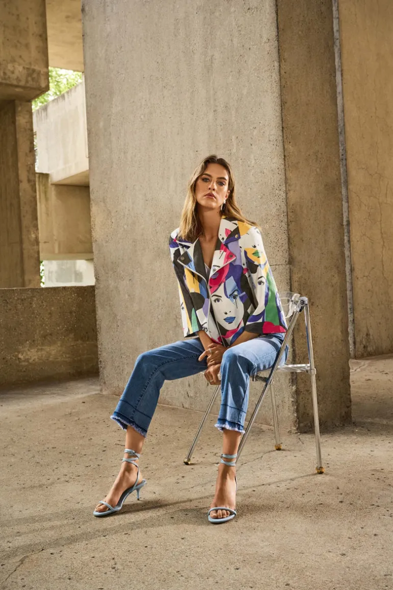 Joseph Ribkoff Faux Suede Face Print Jacket Vanilla Multi