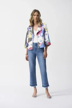 Joseph Ribkoff Faux Suede Face Print Jacket Vanilla Multi