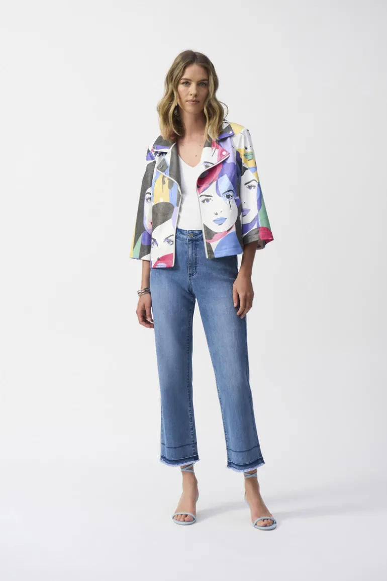 Joseph Ribkoff Faux Suede Face Print Jacket Vanilla Multi