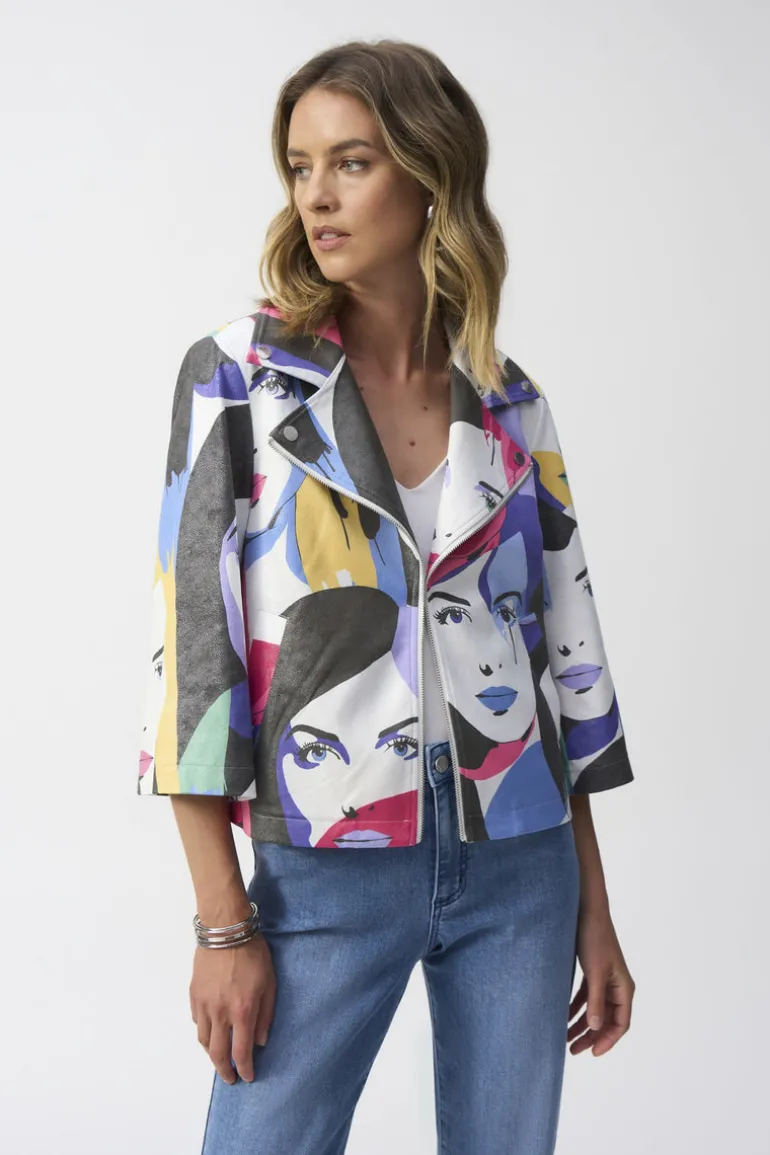 Joseph Ribkoff Faux Suede Face Print Jacket Vanilla Multi