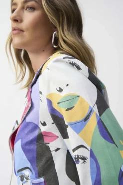 Joseph Ribkoff Faux Suede Face Print Jacket Vanilla Multi