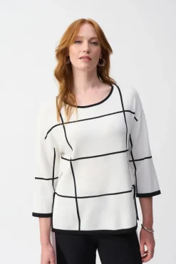 Joseph Ribkoff Knit Pullover Geo 2-Tone Pattern Vanilla/Black
