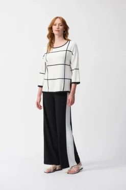 Joseph Ribkoff Knit Pullover Geo 2-Tone Pattern Vanilla/Black