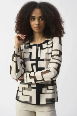 Joseph Ribkoff Mesh Leatherette Geo Jacket Moonstone/Black