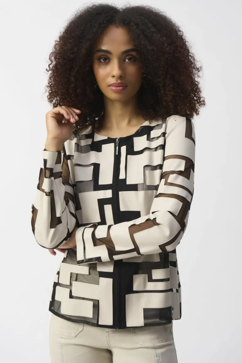 Joseph Ribkoff Mesh Leatherette Geo Jacket Moonstone/Black