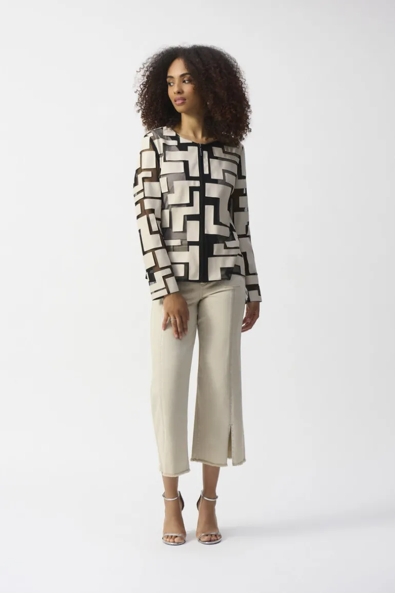 Joseph Ribkoff Mesh Leatherette Geo Jacket Moonstone/Black
