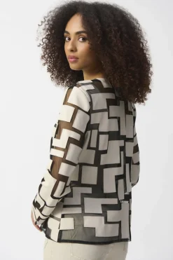Joseph Ribkoff Mesh Leatherette Geo Jacket Moonstone/Black