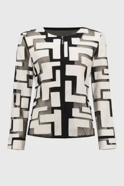 Joseph Ribkoff Mesh Leatherette Geo Jacket Moonstone/Black