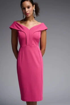 Joseph Ribkoff Pink Hibiscus Off-Shoulder Fitted Dress