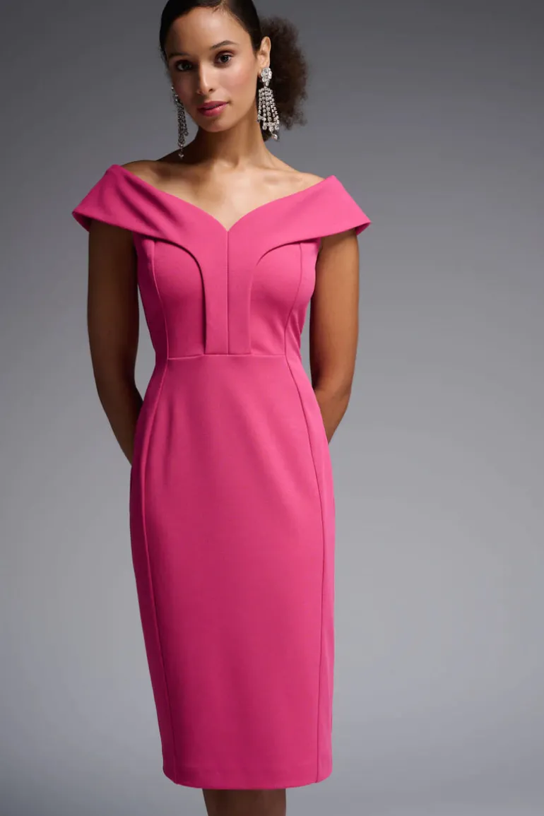 Joseph Ribkoff Pink Hibiscus Off-Shoulder Fitted Dress