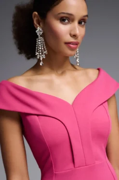 Joseph Ribkoff Pink Hibiscus Off-Shoulder Fitted Dress