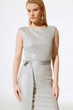 Joseph Ribkoff Sequin Dress With Satin Sash Matte Silver