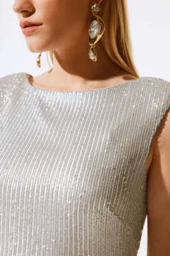 Joseph Ribkoff Sequin Dress With Satin Sash Matte Silver