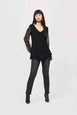 Joseph Ribkoff Silky Knit Tunic With Beaded Sleeves Black