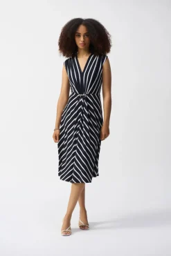Joseph Ribkoff V-Neck Stripe Dress Midnight Blue/Vanilla