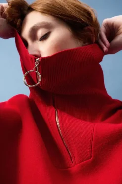 Joseph Ribkoff Zip Collar Knit Sweater Lipstick Red