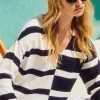 Joseph Rikboff Knit Striped V-Neck Top Midnight Blue/Vanilla