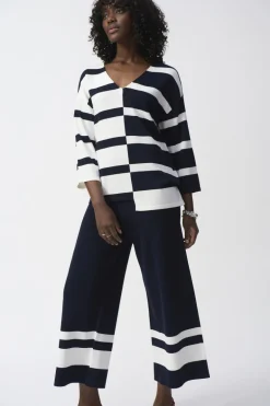 Joseph Rikboff Knit Striped V-Neck Top Midnight Blue/Vanilla
