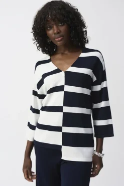 Joseph Rikboff Knit Striped V-Neck Top Midnight Blue/Vanilla