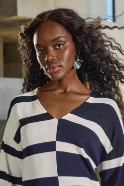 Joseph Rikboff Knit Striped V-Neck Top Midnight Blue/Vanilla