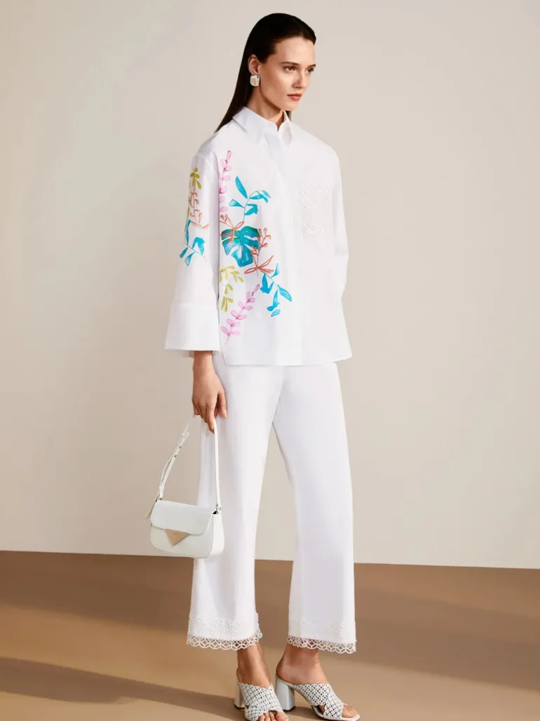 Marc Cain Organic Cotton Leaf Print Shirt White