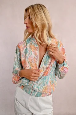 Molly Bracken Bomber Jacket Turquoise Jazz Print
