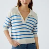Oui Knit Striped V-Neck Polo Sweater Off-white/Blue