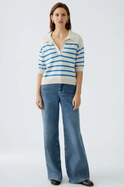 Oui Knit Striped V-Neck Polo Sweater Off-white/Blue