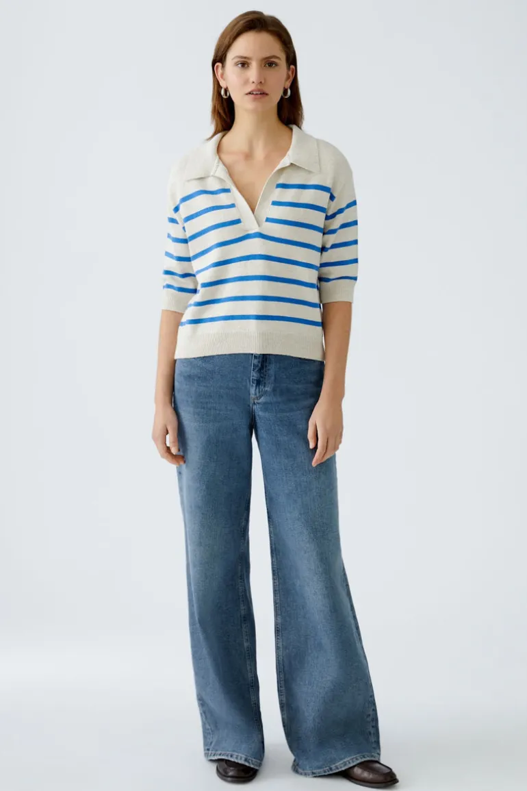 Oui Knit Striped V-Neck Polo Sweater Off-white/Blue