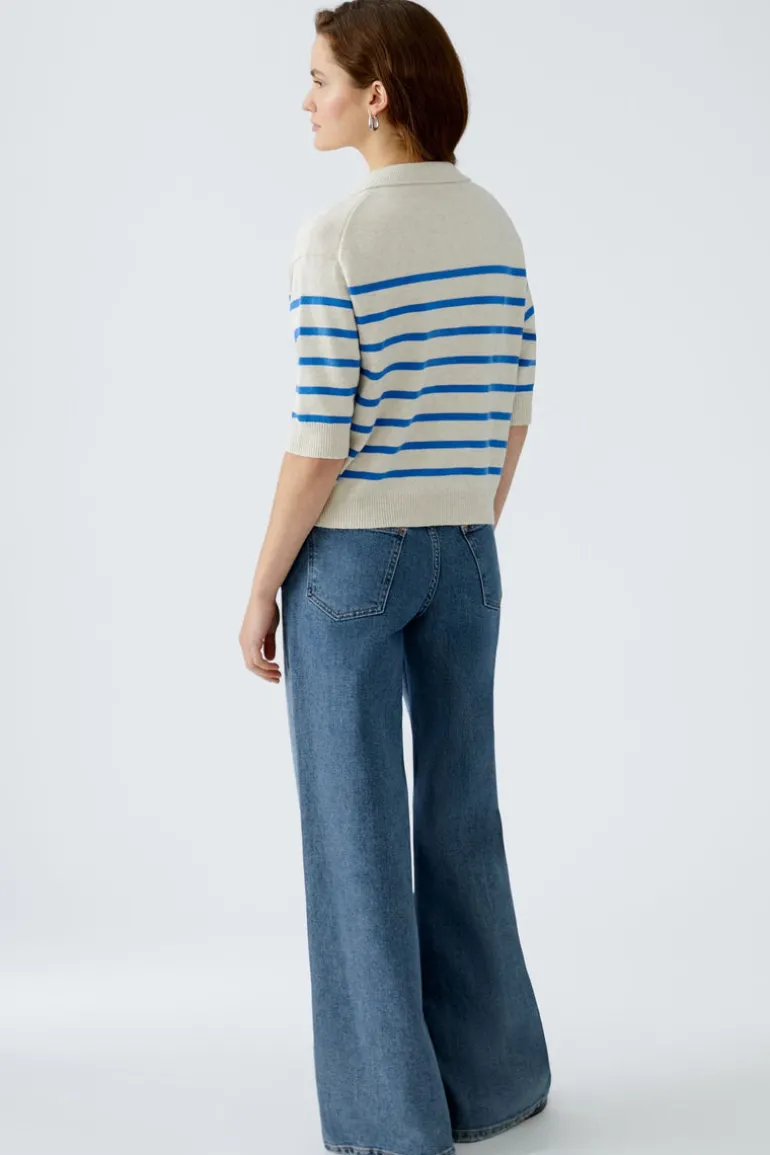 Oui Knit Striped V-Neck Polo Sweater Off-white/Blue
