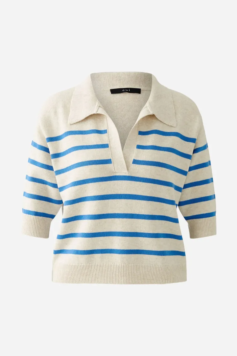 Oui Knit Striped V-Neck Polo Sweater Off-white/Blue