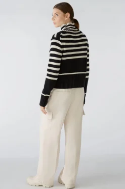 Oui Knitted Striped Jumper Black/Off-white
