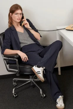 Oui Pinstripe Trousers Dark Blue/Grey