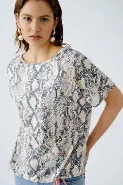 Oui Printed T-Shirt Light Stone Grey Print