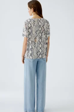 Oui Printed T-Shirt Light Stone Grey Print
