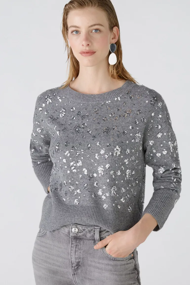 Oui Shiny Sequined Knit Sweater Grey