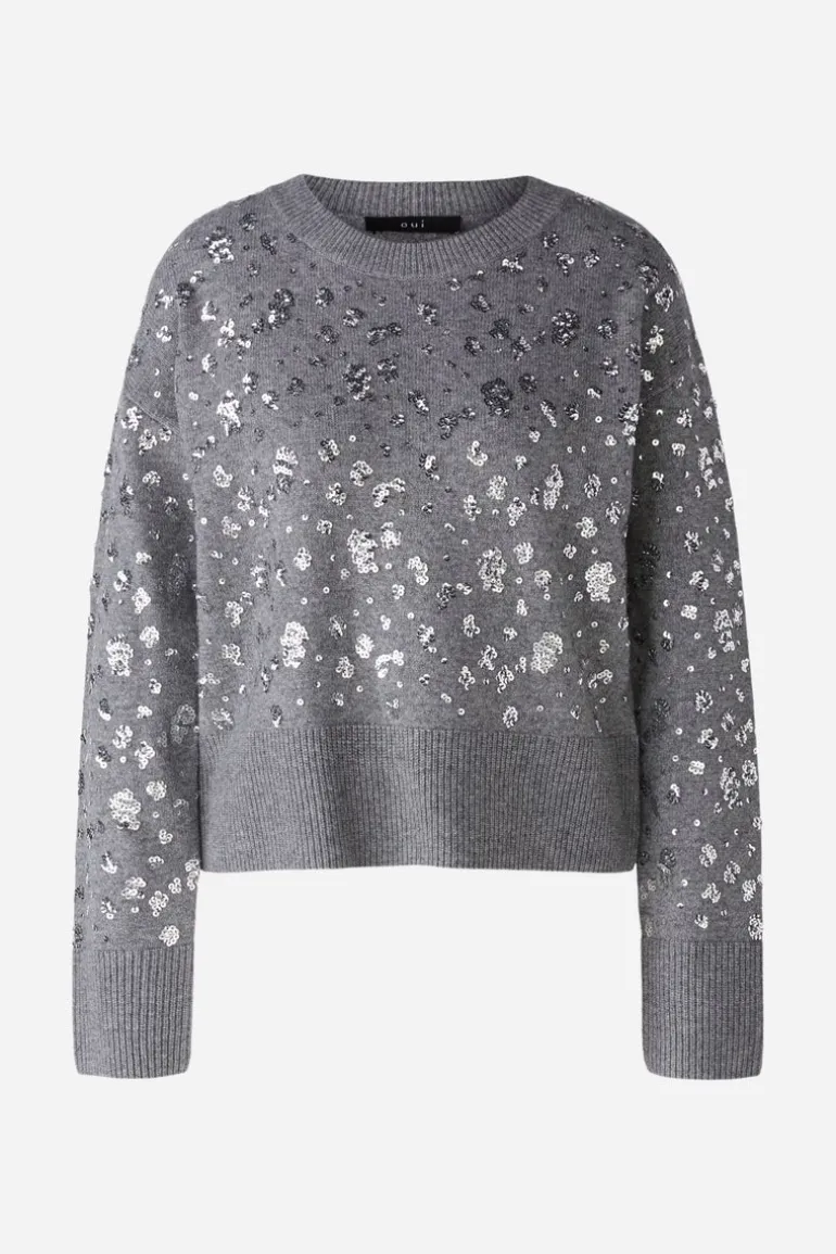 Oui Shiny Sequined Knit Sweater Grey
