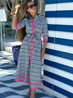 Vilagallo Brenda Ikat Print Dress Navy
