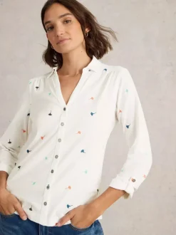 White Stuff Annie Embroidered Jersey Shirt Ivory MLT