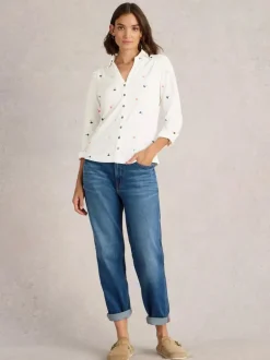 White Stuff Annie Embroidered Jersey Shirt Ivory MLT