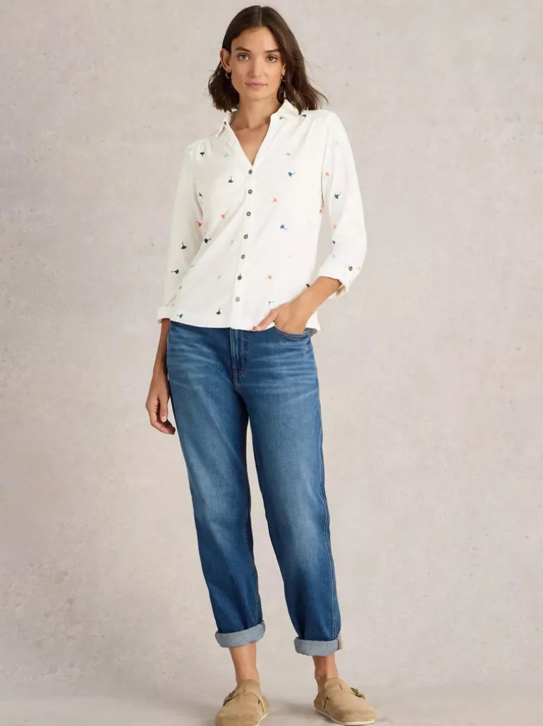 White Stuff Annie Embroidered Jersey Shirt Ivory MLT